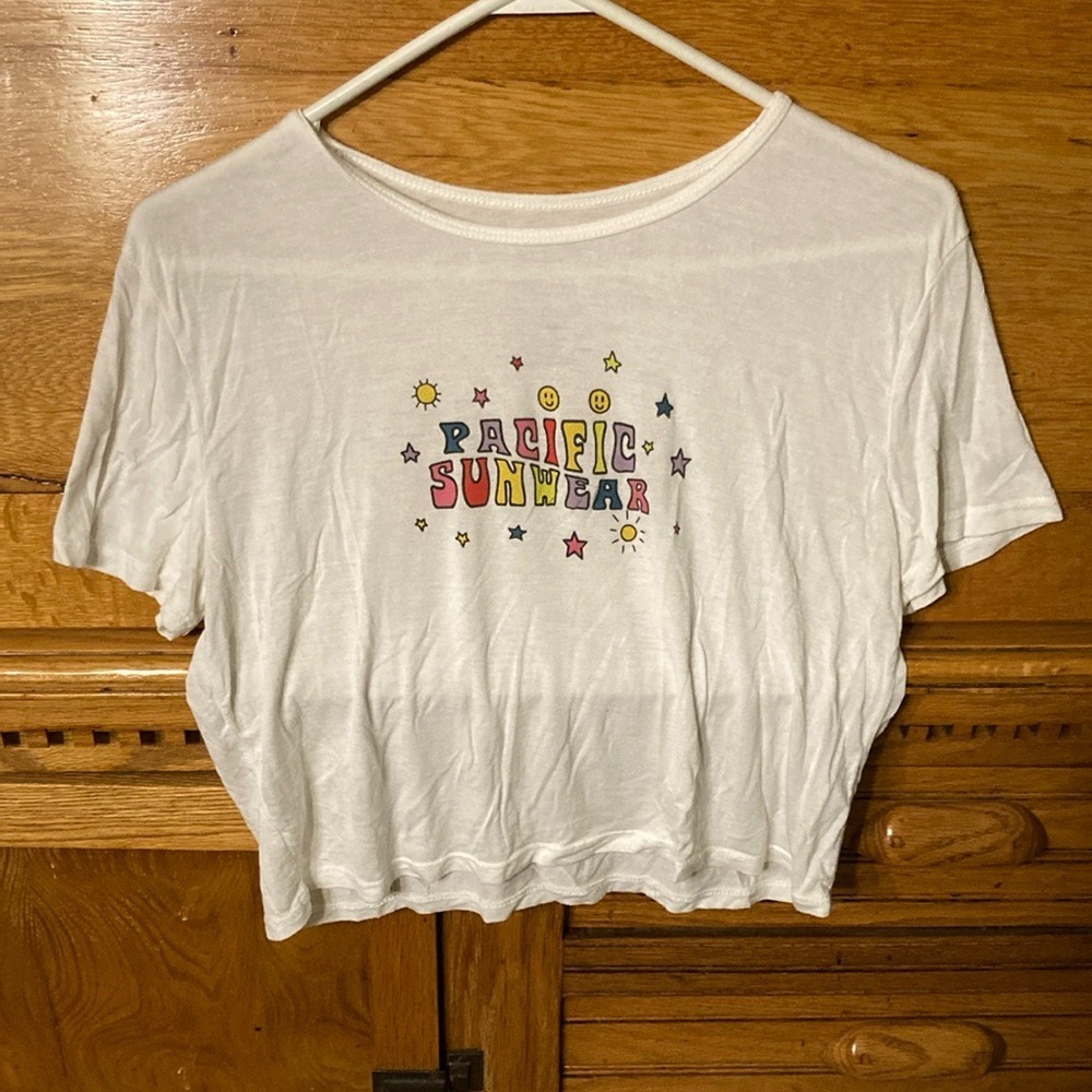 PacSun LA White Cropped Graphic Baby Tee T-Shirt Pacific Sunwear Logo Large